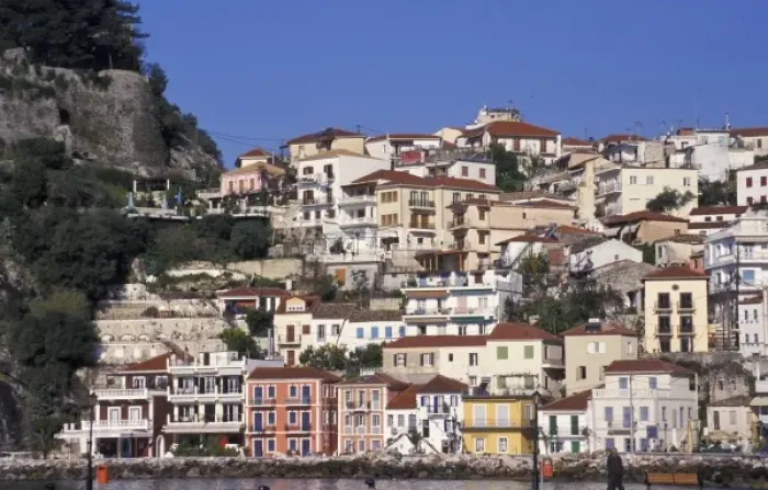 Framed Print : Greece, Parga, Epirus. View of Kastro and buildings overlooking harbor