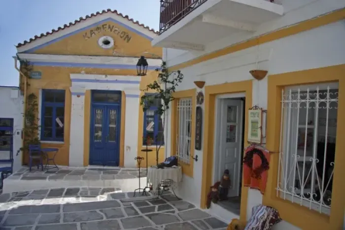 Framed Print : Greece, Paros, Lefkes. Neo-Classical buildings surround a village square Framed Print : Greece, Paros, Lefkes. Neo-Classical buildings surround a village square