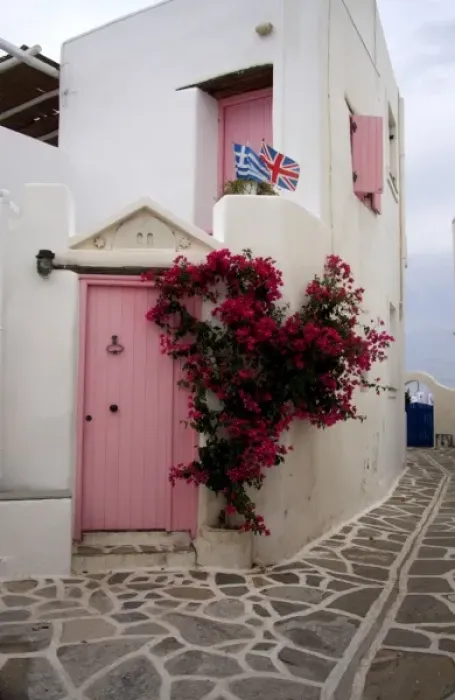 Framed Print : Greece, Paros, Marpissa. A restored traditional house with Greek and British flags Framed Print : Greece, Paros, Marpissa. A restored traditional house with Greek and British flags