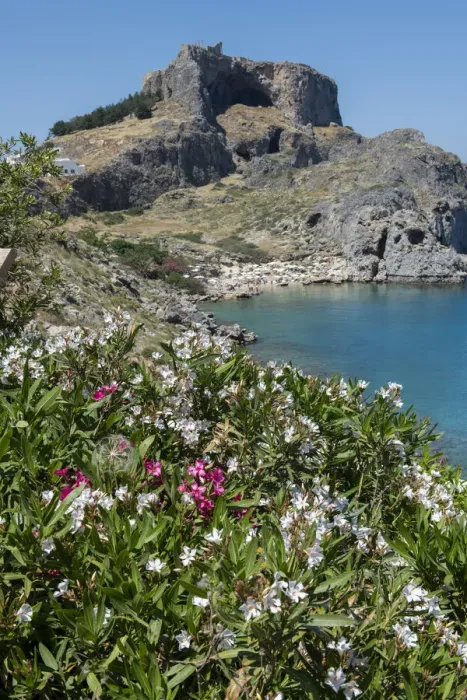 Framed Print : Greece, Rhodes. St. Pauls Bay with the Acropolis of Lindos in the distance with