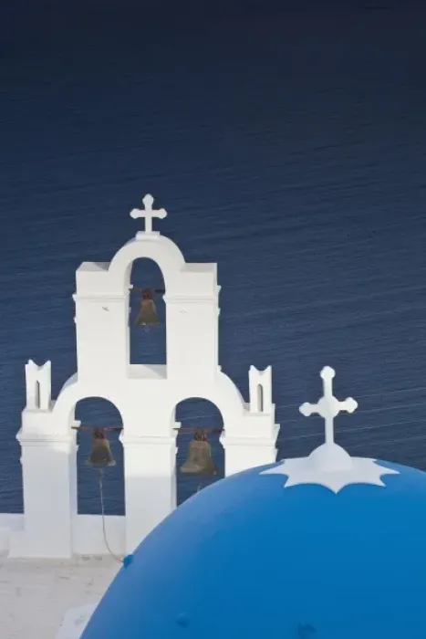 Framed Print : Greece, Santorini. Bell tower and blue domes of church in village of Firostefani Framed Print : Greece, Santorini. Bell tower and blue domes of church in village of Firostefani