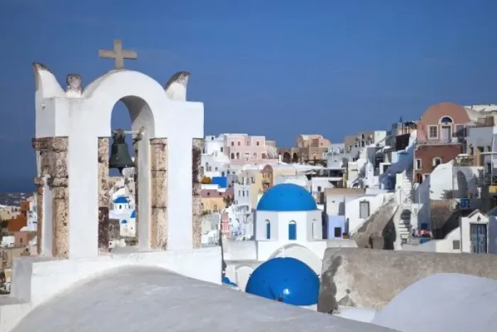 Framed Print : Greece, Santorini. Bell tower and blue domes of church in village of Oia Framed Print : Greece, Santorini. Bell tower and blue domes of church in village of Oia