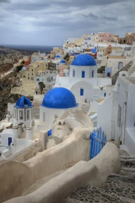 Framed Print : Greece, Santorini. Bell tower and blue domes of church in village of Oia Framed Print : Greece, Santorini. Bell tower and blue domes of church in village of Oia