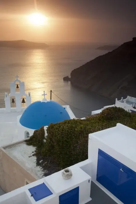 Framed Print : Greece, Santorini, Blue Dome and Bell Tower at Sunset
