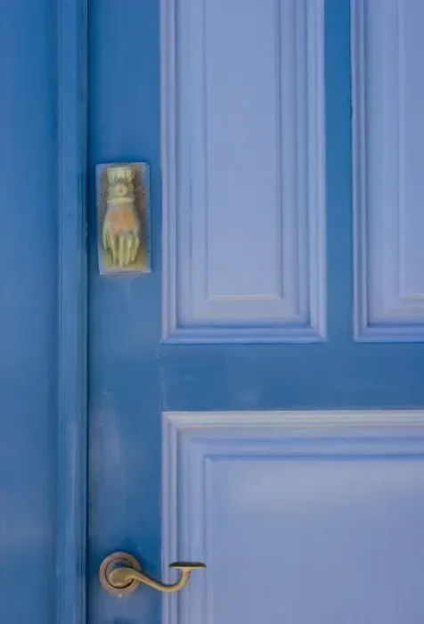 Framed Print : Greece, Santorini. Blue door with knocker in the shape of a hand Framed Print : Greece, Santorini. Blue door with knocker in the shape of a hand