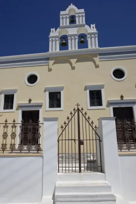 Framed Print : Greece, Santorini. Gate to Greek Orthodox church