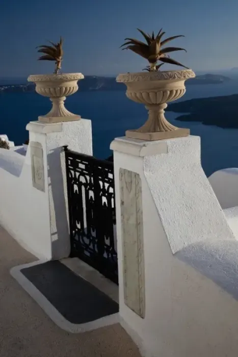 Framed Print : Greece, Santorini, gate along the walkway of the Caldera in Firostefani