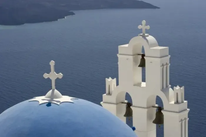 Framed Print : Greece, Santorini. Greek Orthodox church and white bell tower overlooking the Aegean Sea Framed Print : Greece, Santorini. Greek Orthodox church and white bell tower overlooking the Aegean Sea