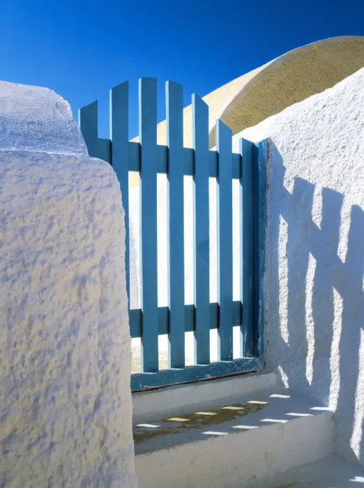 Framed Print : Greece, Santorini, Oia. Blue gate of home. Credit as: Jim Nilsen / Jaynes Gallery / DanitaDelimont Framed Print : Greece, Santorini, Oia. Blue gate of home. Credit as: Jim Nilsen / Jaynes Gallery / DanitaDelimont