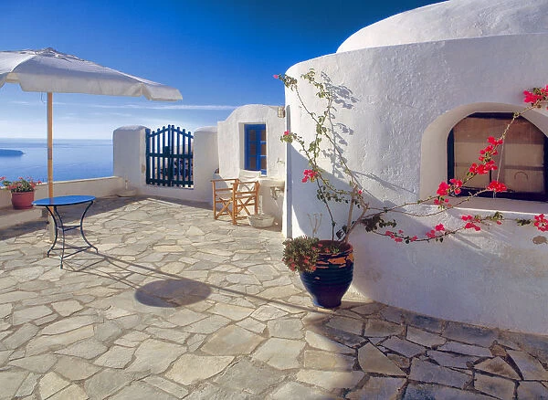 Greece, Santorini, Oia. House balcony with ocean view