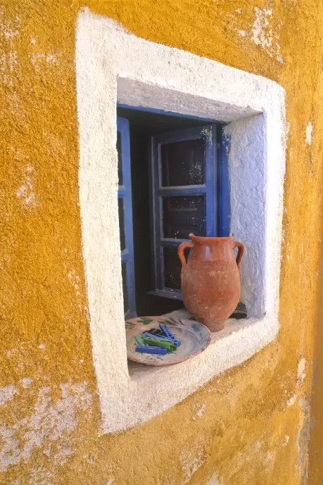 Framed Print : Greece, Santorini, Oia. Pottery in window. Credit as: Jim Nilsen  /  Jaynes Gallery  /  DanitaDelimont