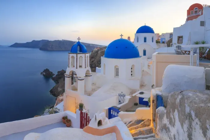 Framed Print : Greece, Santorini, Oia. Sunset on coastal town Framed Print : Greece, Santorini, Oia. Sunset on coastal town