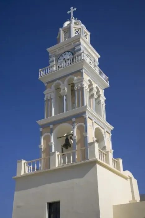Framed Print : Greece, Santorini. Ornate church clock tower against clear blue sky Framed Print : Greece, Santorini. Ornate church clock tower against clear blue sky