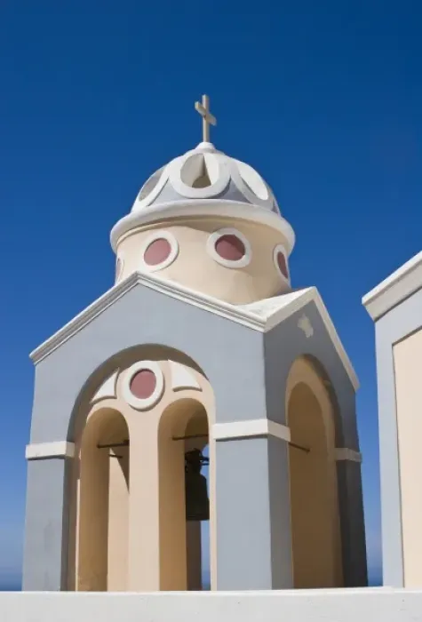 Framed Print : Greece, Santorini. Peach and grey church bell tower against clear blue sky Framed Print : Greece, Santorini. Peach and grey church bell tower against clear blue sky
