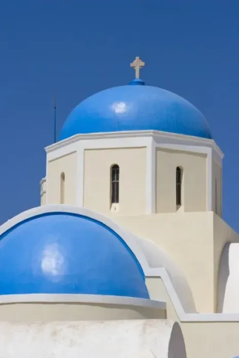 Framed Print : Greece, Santorini, Thira, Oia. Blue Greek Orthodox church domes against blue sky