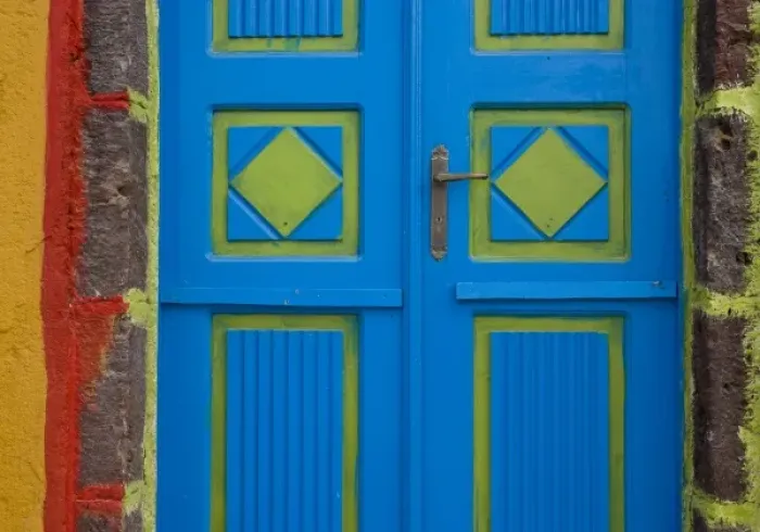 Framed Print : Greece, Santorini, Thira, Oia. Blue and lime green door colors