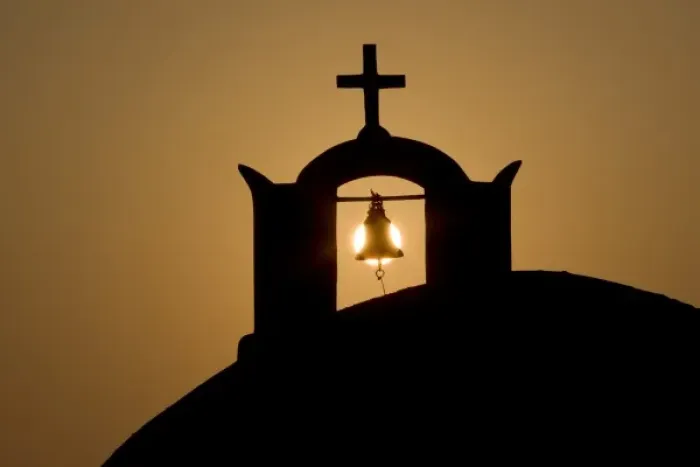 Framed Print : Greece, Santorini, Thira, Oia. Greek Orthodox church cross and bell tower in silhouette Framed Print : Greece, Santorini, Thira, Oia. Greek Orthodox church cross and bell tower in silhouette