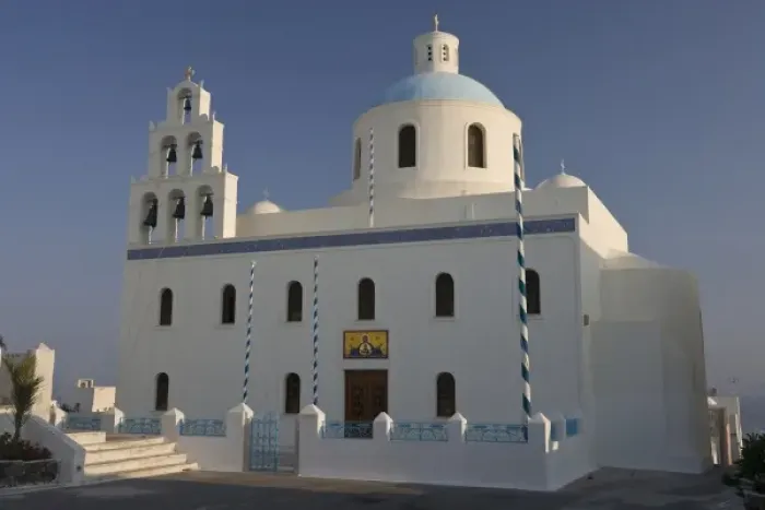 Framed Print : Greece, Santorini, Thira, Oia. Large Greek Orthodox church in main square with dome and bell tower Framed Print : Greece, Santorini, Thira, Oia. Large Greek Orthodox church in main square with dome and bell tower
