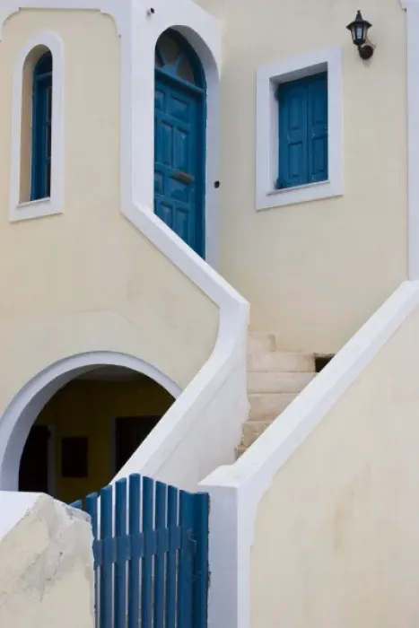 Framed Print : Greece, Santorini, Thira, Oia. Staircase leading from blue gate to blue door and window shutters Framed Print : Greece, Santorini, Thira, Oia. Staircase leading from blue gate to blue door and window shutters