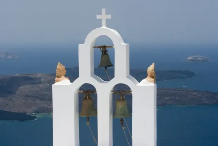 Framed Print : Greece, Santorini. White church bell tower with sea in background Framed Print : Greece, Santorini. White church bell tower with sea in background