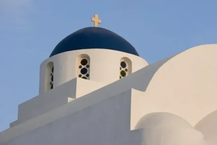 Framed Print : Greece, Santorini. White church with blue dome against blue sky Framed Print : Greece, Santorini. White church with blue dome against blue sky