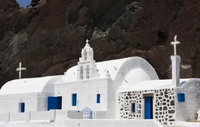 Framed Print : Greece, Santorini. White Greek Orthodox church starkly contrasts with red cliff Framed Print : Greece, Santorini. White Greek Orthodox church starkly contrasts with red cliff