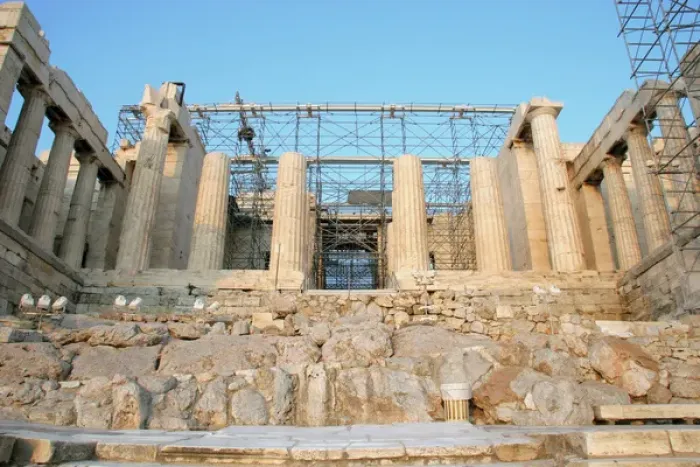 Framed Print : Greek Art. The Propylaea. In 437 BC Mnesicles started building the monument gates