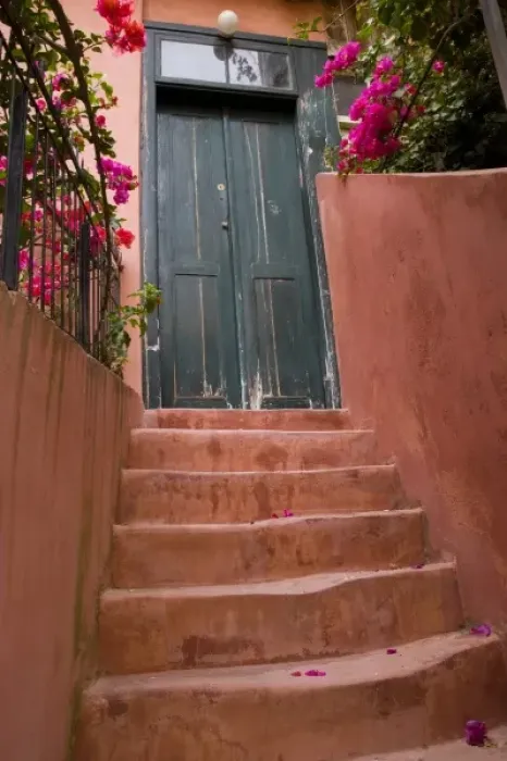 Framed Print : Greek Island of Crete and old town of Chania Colorful stairways up to a bluish doorway Framed Print : Greek Island of Crete and old town of Chania Colorful stairways up to a bluish doorway