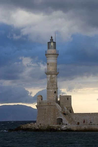 Greek Island of Crete and old town of Chania with Venetian Lighthouse along the old