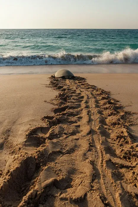 Framed Print : A green sea turtle, Chelonia mydas, returning to the sea after laying her eggs. Ras Al Jinz, Oman