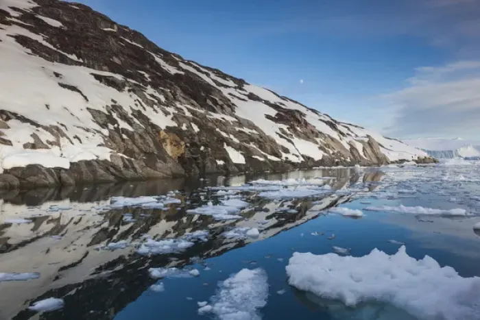 Framed Print : Greenland, Disko Bay, Ilulissat, floating ice at sunset with moonrise