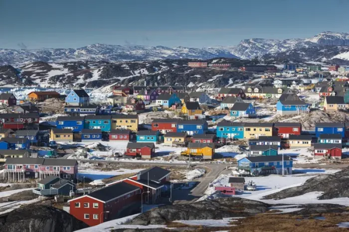 Framed Print : Greenland, Disko Bay, Ilulissat, elevated town view Framed Print : Greenland, Disko Bay, Ilulissat, elevated town view