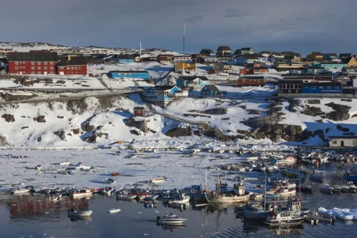 Framed Print : Greenland, Disko Bay, Ilulissat, town harbor, elevated view