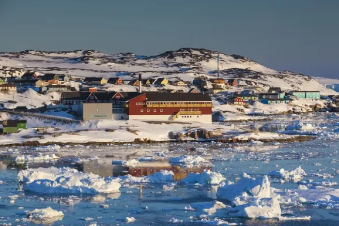Framed Print : Greenland, Disko Bay, Ilulissat, elevated town view with floating ice