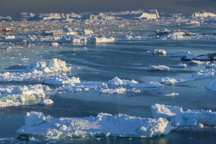 Framed Print : Greenland, Disko Bay, Ilulissat, elevated view of floating ice
