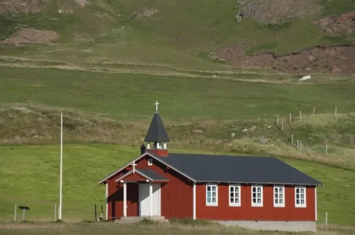 Framed Print : Greenland, Eriks Fjord (aka Eriksfjord), Brattahlid (aka Qassiarsuk). Modern village church
