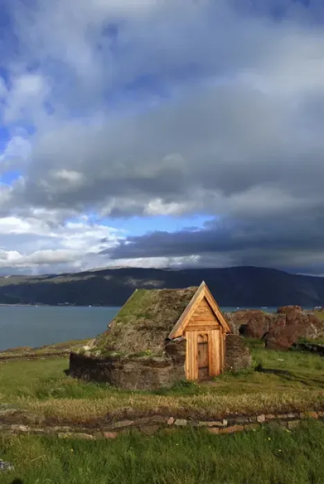 Framed Print : Greenland, Eriks Fjord, Brattahlid. Replica of Thjodhilds Church originally