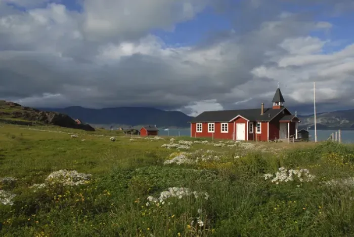 Framed Print : Greenland, Eriks Fjord, Brattahlid. The village church in the historic village Framed Print : Greenland, Eriks Fjord, Brattahlid. The village church in the historic village