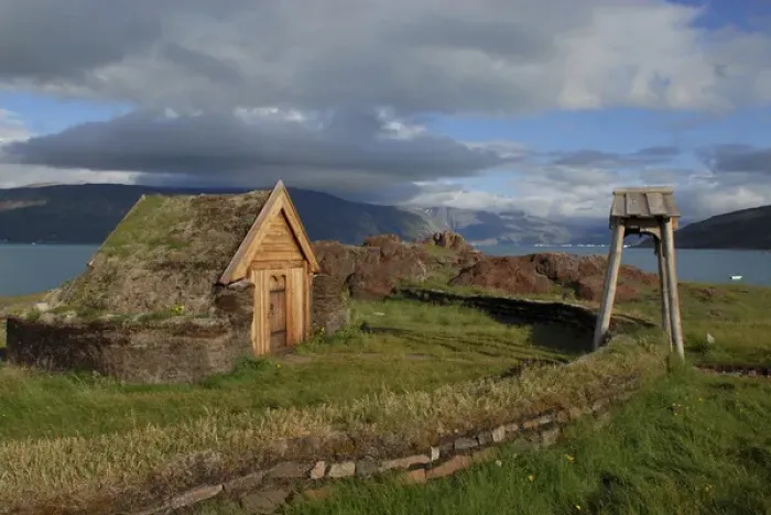 Framed Print : Greenland, Eriks Fjord, Brattahlid. Replica of Thjodhildas Church originally