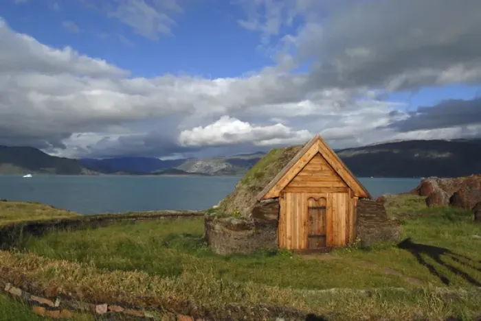 Framed Print : Greenland, Eriks Fjord, Brattahlid. Replica of Thjodhilds Church originally Framed Print : Greenland, Eriks Fjord, Brattahlid. Replica of Thjodhilds Church originally