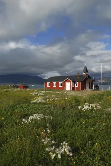 Framed Print : Greenland, Eriks Fjord, Brattahlid. The village church in the historic village Framed Print : Greenland, Eriks Fjord, Brattahlid. The village church in the historic village