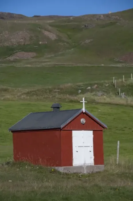 Framed Print : Greenland, Eriks Fjord, Brattahlid. Tiny church building Framed Print : Greenland, Eriks Fjord, Brattahlid. Tiny church building