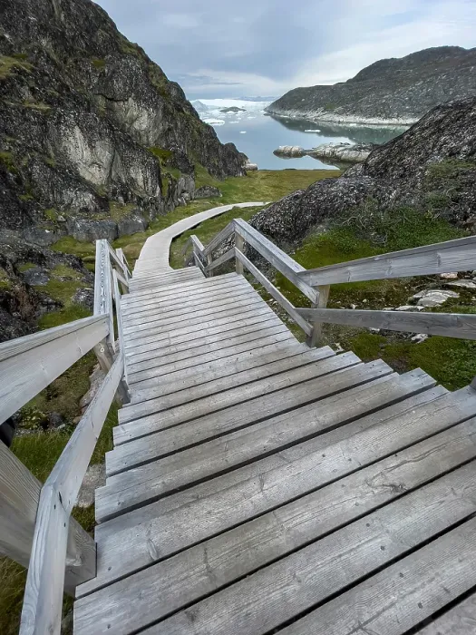 Framed Print : Greenland, Ilulissat, Disko Bay. Wooden walkway leading to Ilulissat Ice Fjord, Sermermiut Trail. UNESCO World Heritage Site