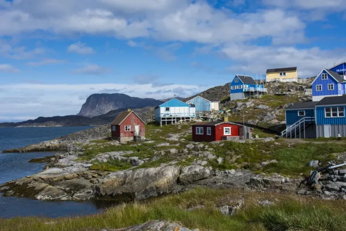 Framed Print : Greenland. Itilleq. Colorful houses dot the hillside Framed Print : Greenland. Itilleq. Colorful houses dot the hillside