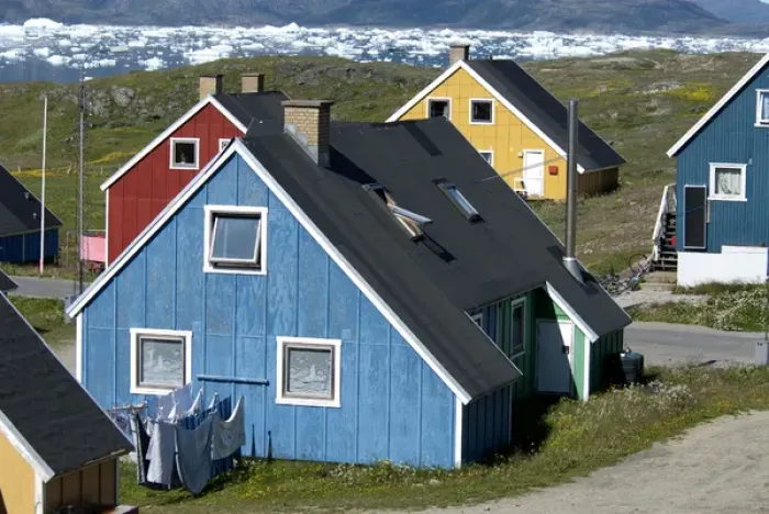 Framed Print : Greenland, Narsaq. The colorful cottages of the town of Narsaq line Qajaq Harbor