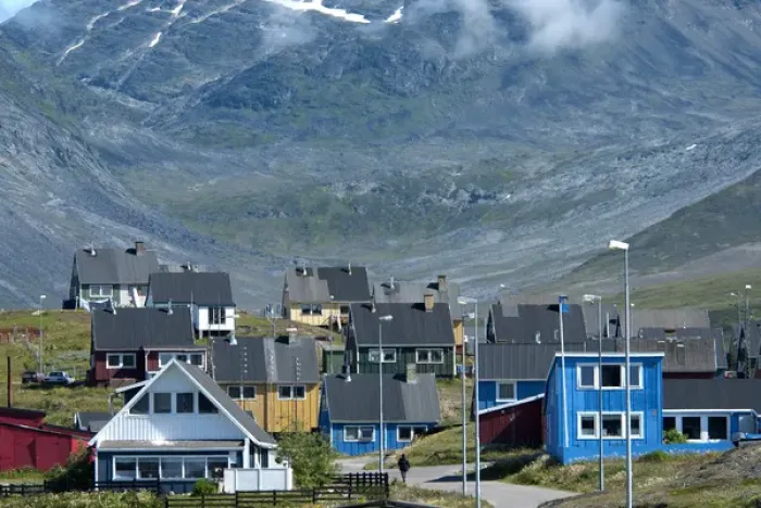 Framed Print : Greenland, Narsaq. The colorful cottages of the town of Narsaq sit in a valley above