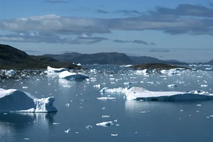 Framed Print : Greenland, Narsaq Sound. A sea of icebergs on Narsaq Sound in southern Greenland