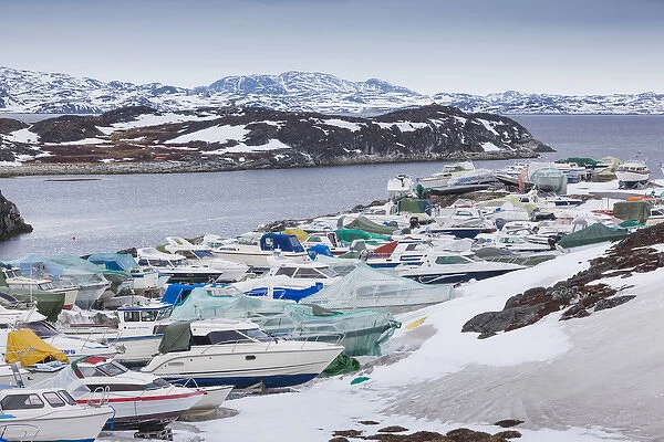 Greenland, Nuuk, small boats under snow