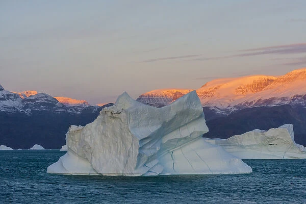 Greenland. Scoresby Sund. Gasefjord. Sunrise on the mountains with icebergs