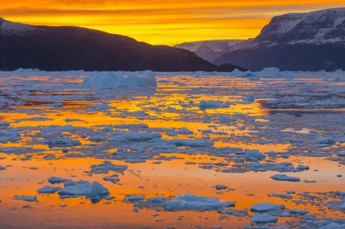 Framed Print : Greenland. Scoresby Sund. Gasefjord. Sunset with icebergs and brash ice Framed Print : Greenland. Scoresby Sund. Gasefjord. Sunset with icebergs and brash ice
